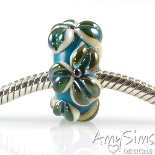 Iridescent Blue Flowers Lampwork Glass European Charm Bead SRA