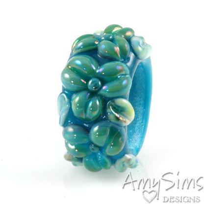 Regaliz Atlantis Blue Shimmer Floral Artisan Lampwork Glass Focal Bead B0907-6
