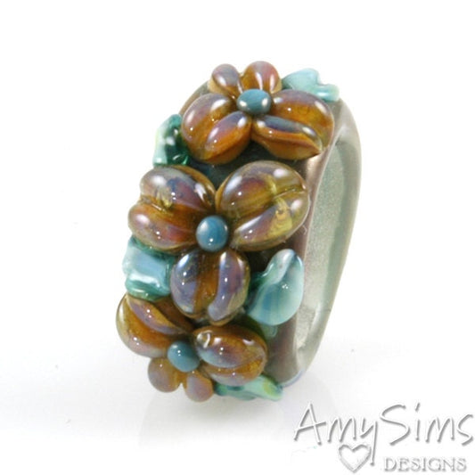 Regaliz Coppery Green Shimmer Floral Artisan Lampwork Glass Focal Bead