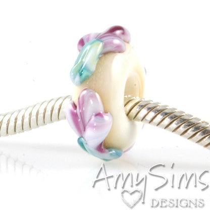 Purple Pink Flower Buds Glass Artisan Lampwork Glass Bead SRA