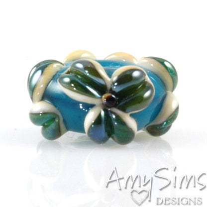 Iridescent Blue Flowers Lampwork Glass European Charm Bead SRA