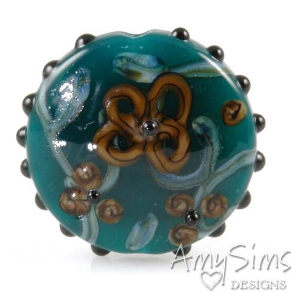 Teal Watercolor Flowers Focal Lampwork Glass Bead