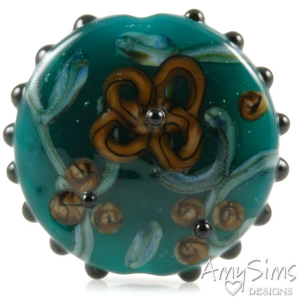 Teal Watercolor Flowers Focal Lampwork Glass Bead