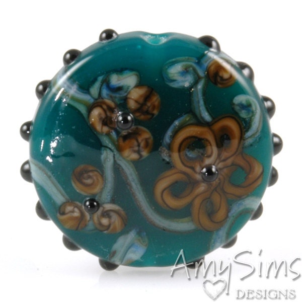 Teal Watercolor Flowers Focal Lampwork Glass Bead