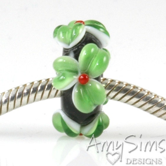 Handmade European Charm Bead Green & Red Big Hole Lampwork Glass Flower Bead