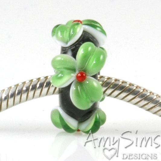 Handmade European Charm Bead Green & Red Big Hole Lampwork Glass Flower Bead