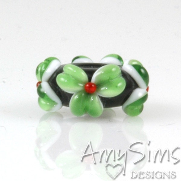 Handmade European Charm Bead Green & Red Big Hole Lampwork Glass Flower Bead