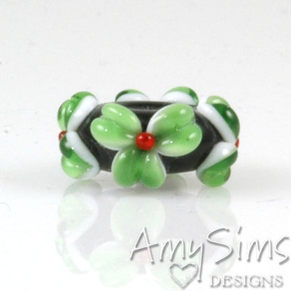 Handmade European Charm Bead Green & Red Big Hole Lampwork Glass Flower Bead
