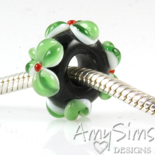 Handmade European Charm Bead Green & Red Big Hole Lampwork Glass Flower Bead
