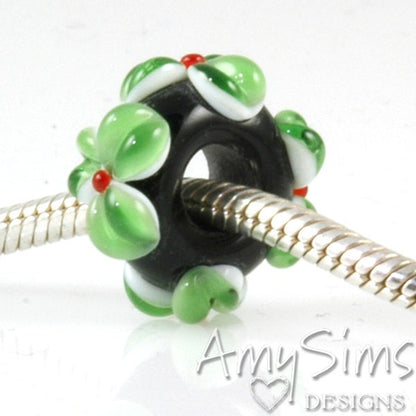 Handmade European Charm Bead Green & Red Big Hole Lampwork Glass Flower Bead