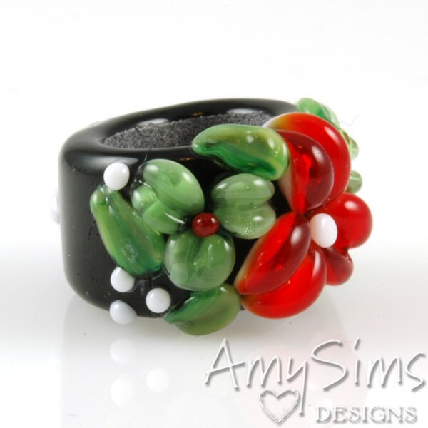 Regaliz Holiday Red and Green Floral Artisan Lampwork Glass Focal Bead