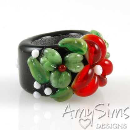 Regaliz Holiday Red and Green Floral Artisan Lampwork Glass Focal Bead