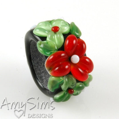 Regaliz Holiday Red and Green Floral Artisan Lampwork Glass Focal Bead