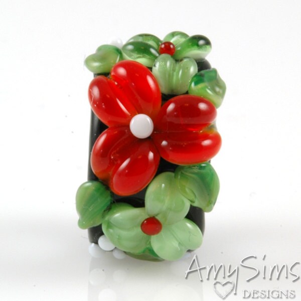 Regaliz Holiday Red and Green Floral Artisan Lampwork Glass Focal Bead