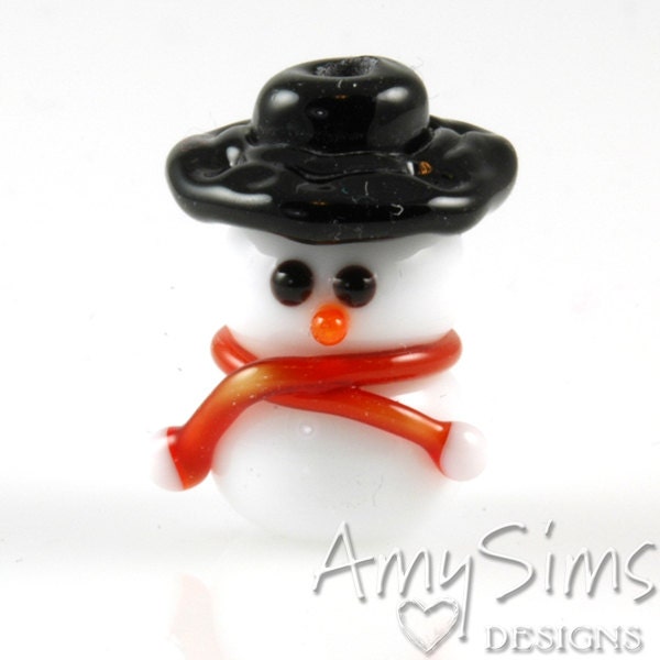 Red Scarf Snowman Focal Lampwork Glass Bead