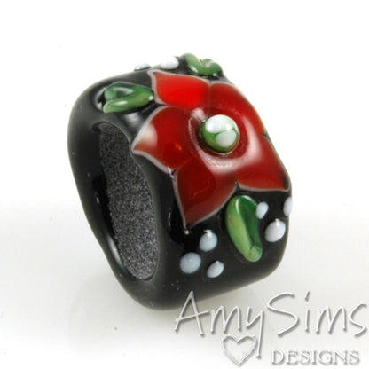 Regaliz Holiday Red Poinsettia Artisan Lampwork Glass Focal Bead