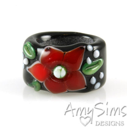 Regaliz Holiday Red Poinsettia Artisan Lampwork Glass Focal Bead