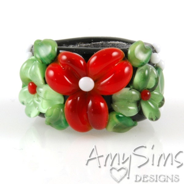 Regaliz Holiday Red and Green Floral Artisan Lampwork Glass Focal Bead