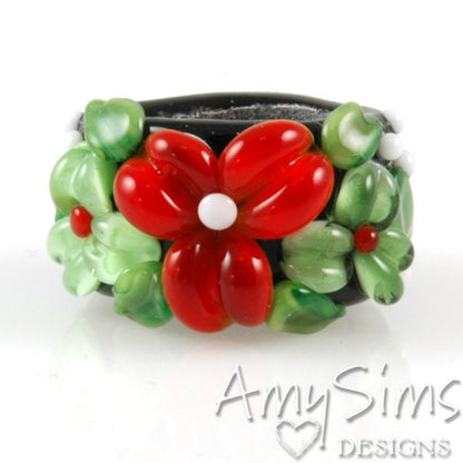 Regaliz Holiday Red and Green Floral Artisan Lampwork Glass Focal Bead