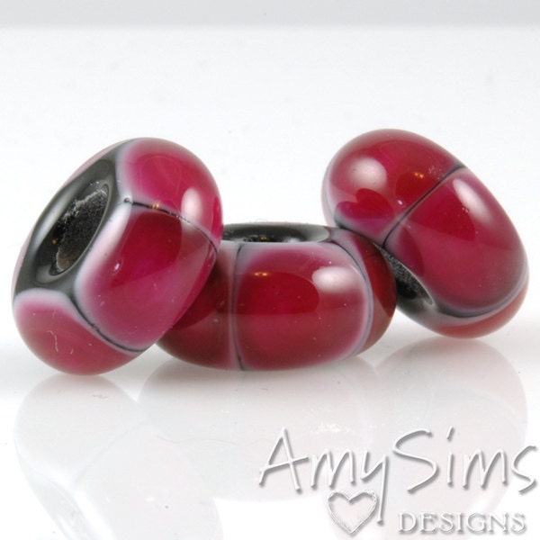 European Charm Bead Big Hole Lampwork Glass Bead Hot Pink Dots