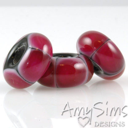 European Charm Bead Big Hole Lampwork Glass Bead Hot Pink Dots