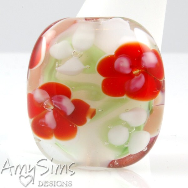 Holdiay Red Floral Artisan Focal Lampwork Glass Bead