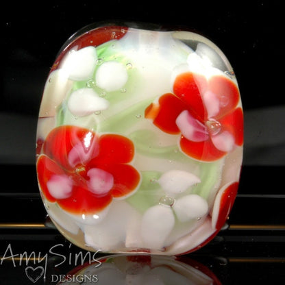 Holdiay Red Floral Artisan Focal Lampwork Glass Bead