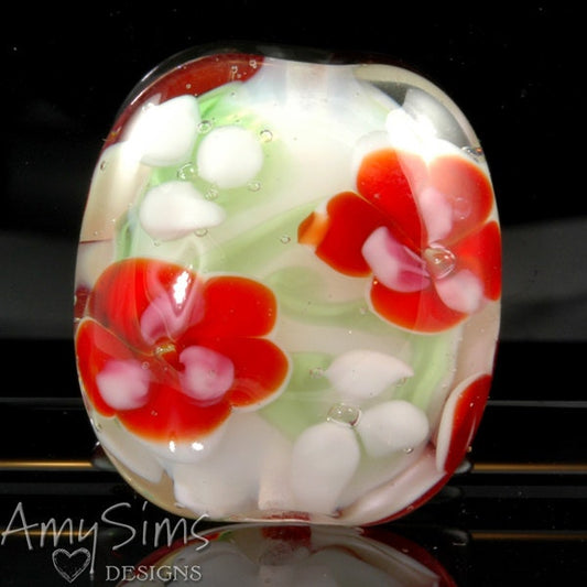 Holdiay Red Floral Artisan Focal Lampwork Glass Bead