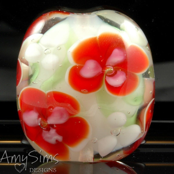 Holdiay Red Floral Artisan Focal Lampwork Glass Bead