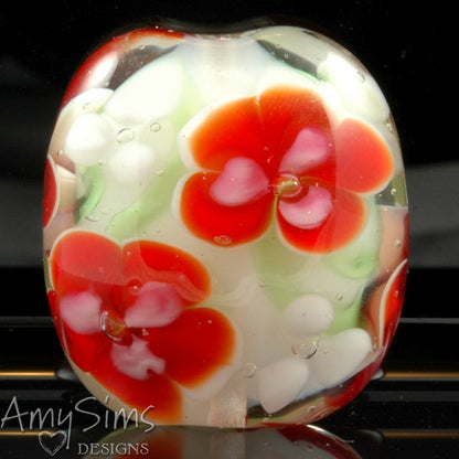 Holdiay Red Floral Artisan Focal Lampwork Glass Bead