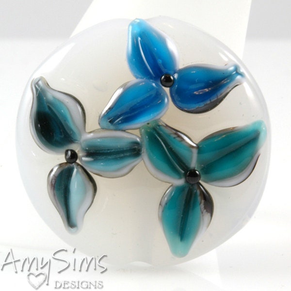 Blue Teal White Artisan Focal Lampwork Glass Bead