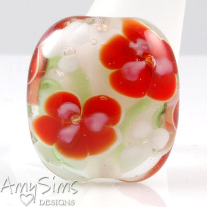 Holdiay Red Floral Artisan Focal Lampwork Glass Bead