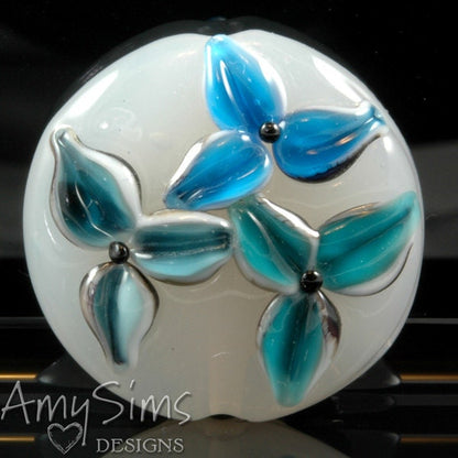 Blue Teal White Artisan Focal Lampwork Glass Bead