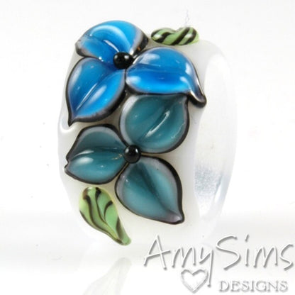 Regaliz Blue Floral Artisan Lampwork Glass Focal Bead