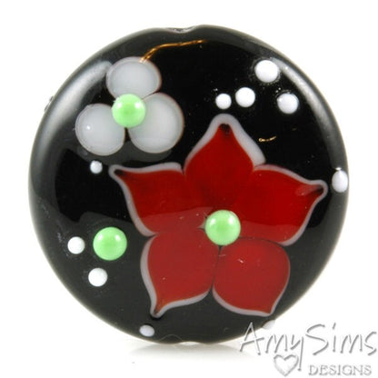 Holdiay Red Floral Artisan Focal Lampwork Glass Bead