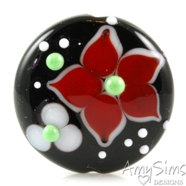 Holdiay Red Floral Artisan Focal Lampwork Glass Bead