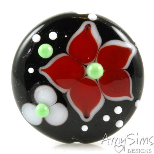 Holdiay Red Floral Artisan Focal Lampwork Glass Bead