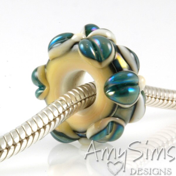 Iridescent Teal Flowers Lampwork Glass European Charm Bead SRA