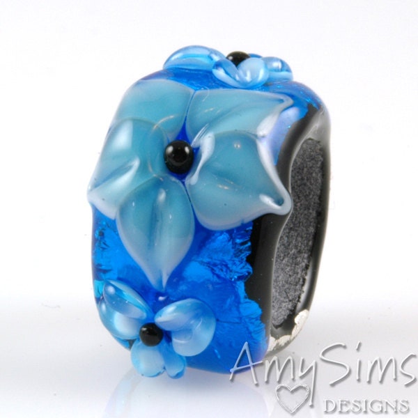 Regaliz Bead: Azure Blue Floral Artisan Lampwork Glass Focal B0907-10