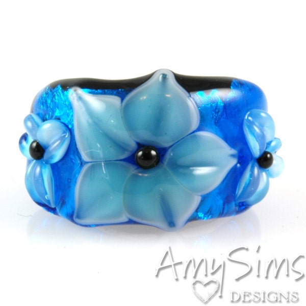 Regaliz Bead: Azure Blue Floral Artisan Lampwork Glass Focal B0907-10