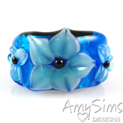 Regaliz Bead: Azure Blue Floral Artisan Lampwork Glass Focal B0907-10
