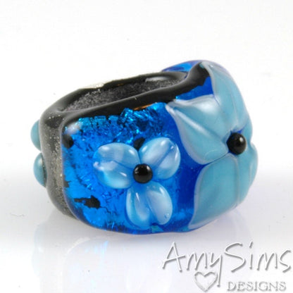 Regaliz Bead: Azure Blue Floral Artisan Lampwork Glass Focal B0907-10