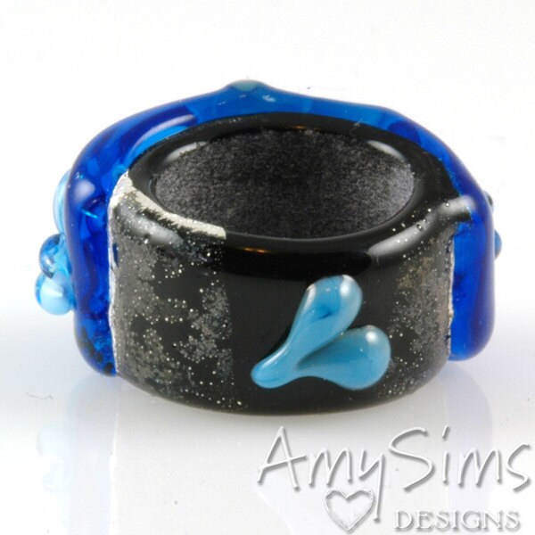 Regaliz Bead: Azure Blue Floral Artisan Lampwork Glass Focal B0907-10
