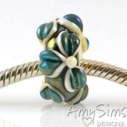 Iridescent Teal Flowers Lampwork Glass European Charm Bead SRA