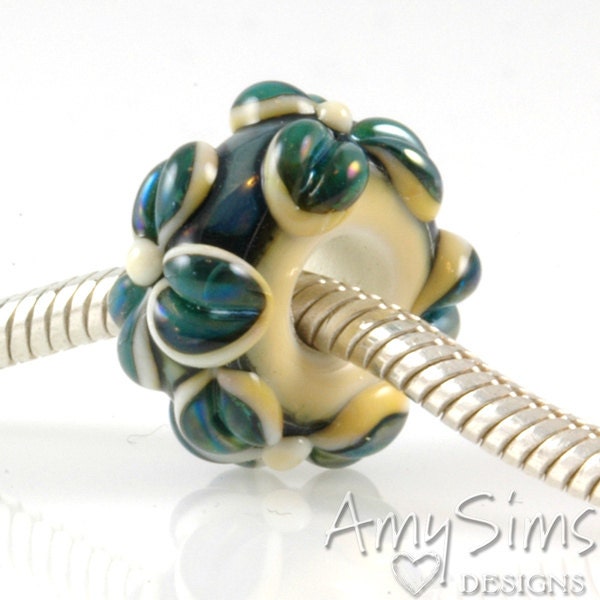 Iridescent Teal Flowers Lampwork Glass European Charm Bead SRA