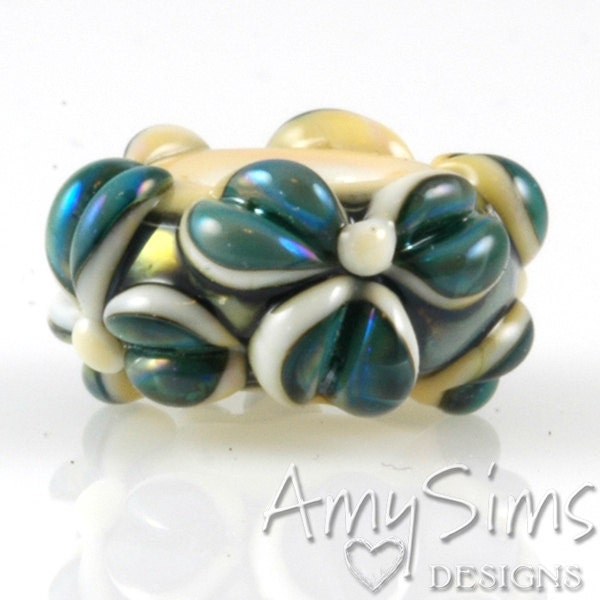 Iridescent Teal Flowers Lampwork Glass European Charm Bead SRA