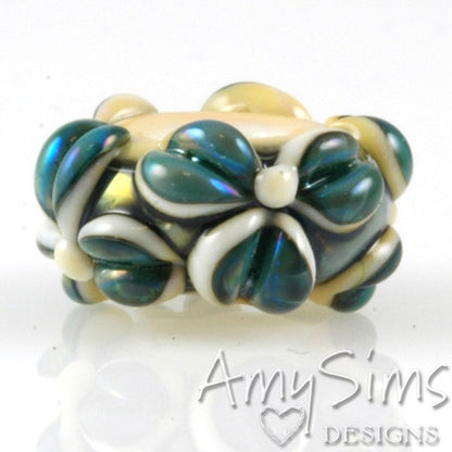 Iridescent Teal Flowers Lampwork Glass European Charm Bead SRA