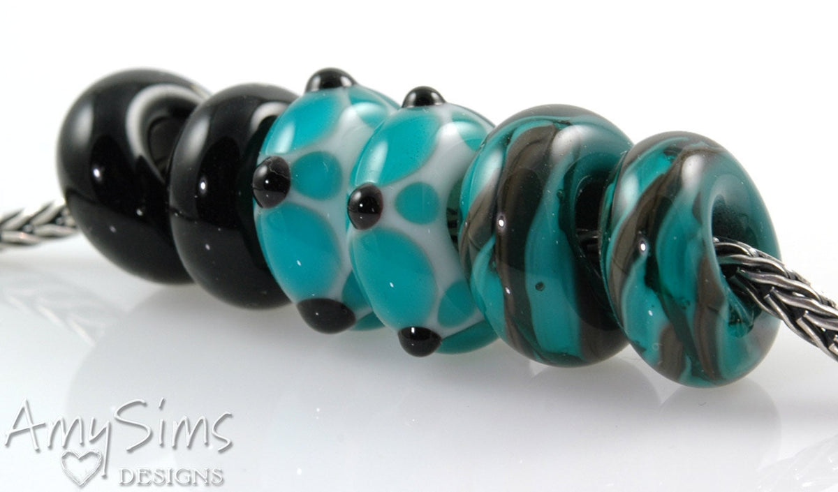 Set of 6 Teal Big Hole Lampwork Glass Beads SRA