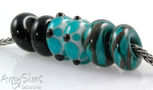 Set of 6 Teal Big Hole Lampwork Glass Beads SRA
