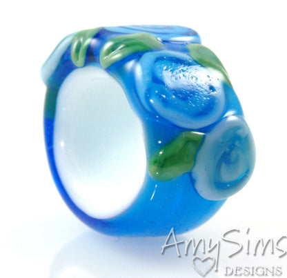 Regaliz Bead: Blue Floral Artisan Lampwork Glass Focal B0903-30